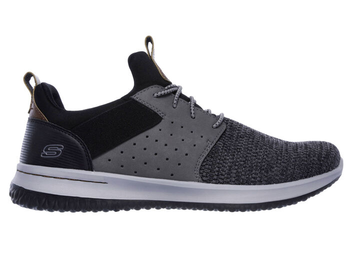 SKECHERS, leichte Herren-Slipper, mit elastischer Zierschnürung GRAU-SCHWARZ